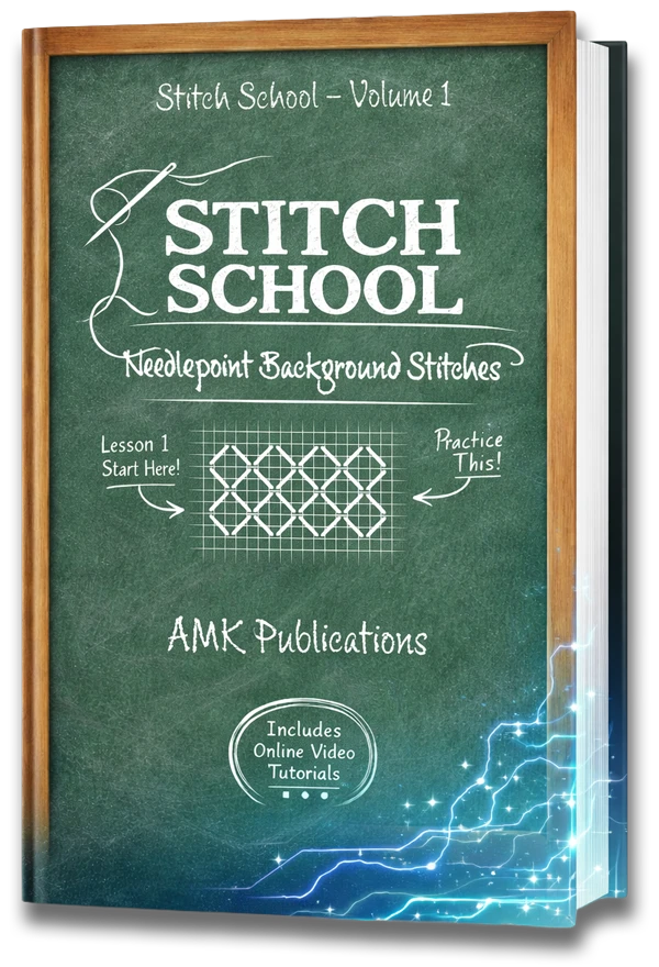 Cover of Stitch School: Background Stitches Volume 1, one of the online needlepoint guides from AMK Publications